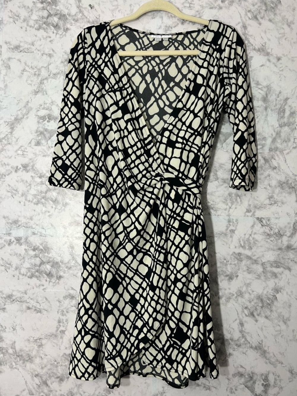 London Times Black and White Abstract Wrap Dress